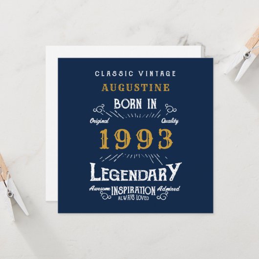 1993年の30歳生まれ生誕生日伝説の青い金ゴールド挨拶 カード (正面/裏面インサイチュ)