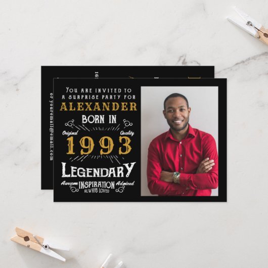1993年の30生まれ歳のバースデー金ゴールドレトロ写真 招待状 (正面/裏面インサイチュ)
