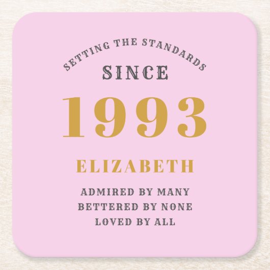 1993年30日生まれ生まれ名前Pink Gray スクエアペーパーコースター (正面)