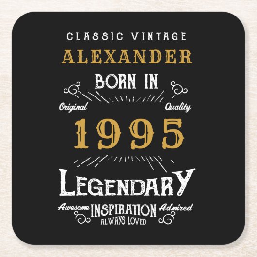 1995パーソナライズされた年30歳生まれヴィンテージ黒 スクエアペーパーコースター (正面)
