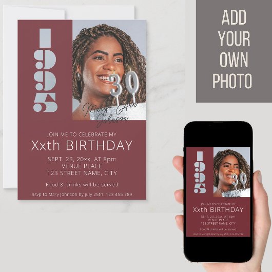 1995年生まれの30歳の誕生日写真 ワインレッド 招待状