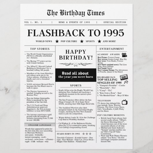 1995生まれ年のモック新聞白黒 (正面)