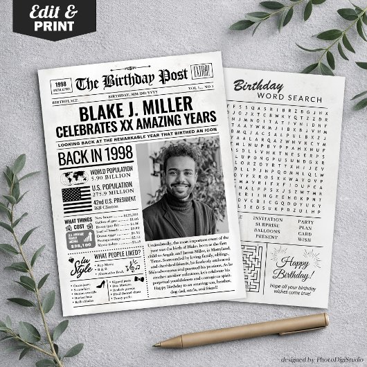 1998カスタム年新聞紙誕生日カードのトレンド シーズンカード