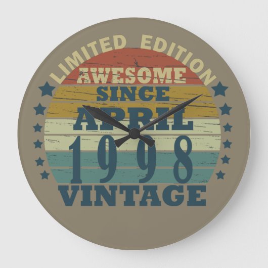 1998生まれ年4月のヴィンテージ誕生日 ラージ壁時計 (正面)