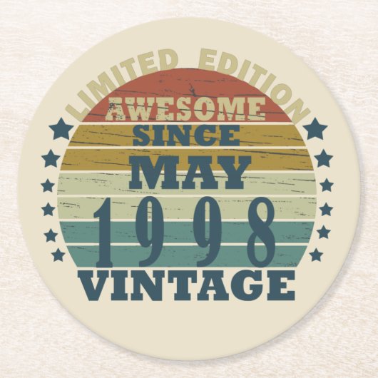 1998生まれ年5月のヴィンテージ誕生日 ラウンドペーパーコースター (正面)