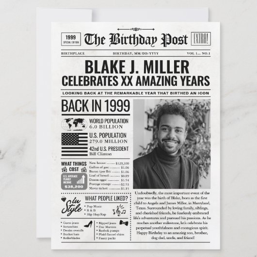 1999カスタム年新聞紙誕生日カード、トレンド シーズンカード (正面)