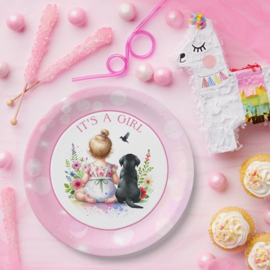 199.赤ん坊の娘と子犬 | 女の子 ペーパープレート (パーティー)