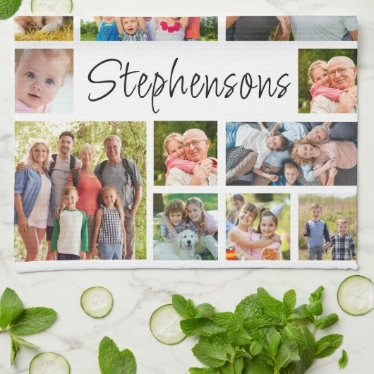 19 Photo Collage Modern Script Name キッチンタオル (折り畳み)