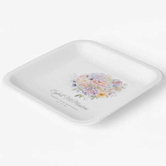 19thバースデーパーティーウォーターカラーフローラカスタム ペーパープレート (傾斜あり)