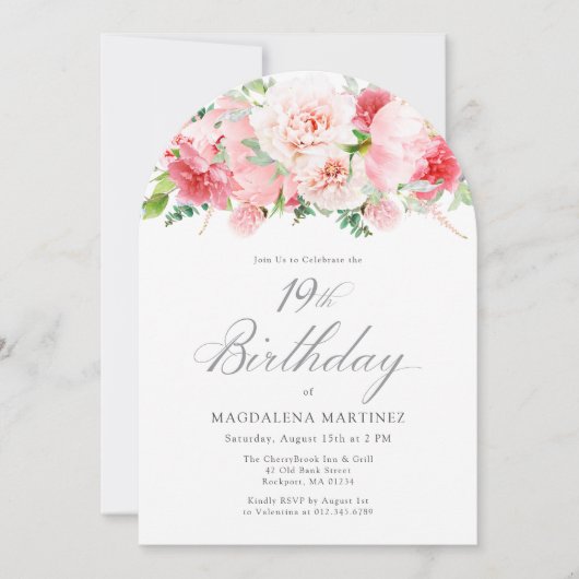 19thバースデーパーティーピンク牡丹フローラアーチ 招待状 (正面)