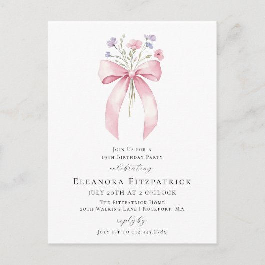 19thバースデーパーティー赤面ピンクボウワイルドフラワー インビテーションポストカード (正面)