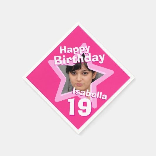 19th誕生日パーティーの写真スター熱いピンクのナプキン スタンダードカクテルナプキン (角)