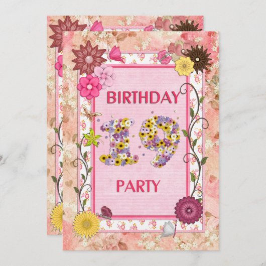 19th誕生日パーティーへの招待フローラ枠 招待状 (正面/裏面)