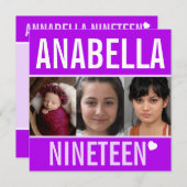 19th誕生日パーティーイベントお祝いフォトパープル 招待状 (正面/裏面)