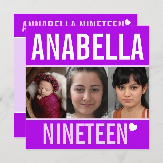 19th誕生日パーティーイベントお祝いフォトパープル 招待状 (正面/裏面)