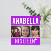 19th誕生日パーティーイベントお祝いフォトパープル 招待状 (スタンド正面)