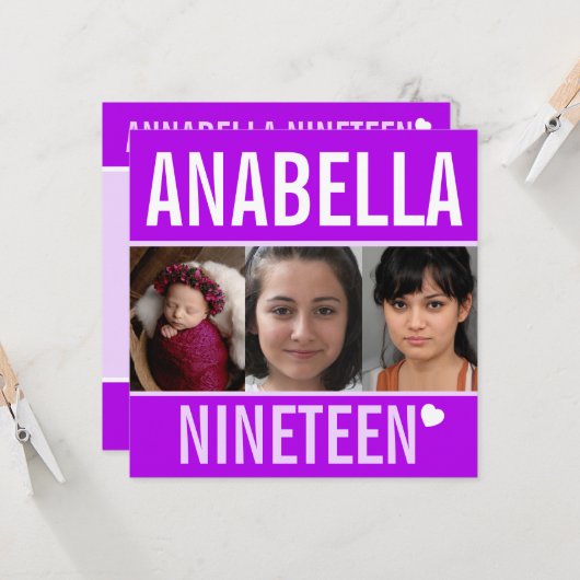 19th誕生日パーティーイベントお祝いフォトパープル 招待状 (正面/裏面インサイチュ)