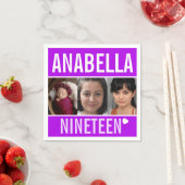 19th誕生日パーティーイベントカスタムフォトパープル スタンダードカクテルナプキン (インサイチュ)