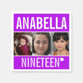 19th誕生日パーティーイベントカスタムフォトパープル スタンダードカクテルナプキン