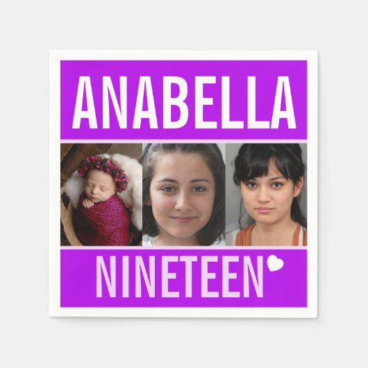 19th誕生日パーティーイベントカスタムフォトパープル スタンダードカクテルナプキン (正面)