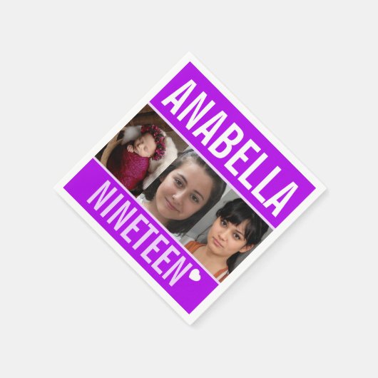 19th誕生日パーティーイベントカスタムフォトパープル スタンダードカクテルナプキン (角)