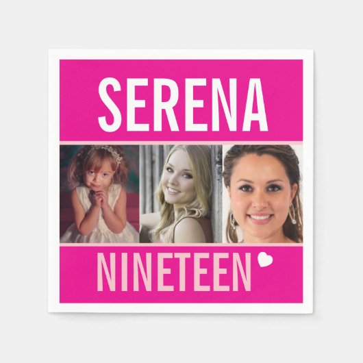 19th誕生日パーティーイベントカスタムフォトピンク スタンダードカクテルナプキン (正面)