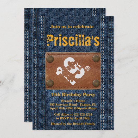 19th誕生日パーティーウーマン,任意の年齢,デニムスタイル 招待状 (正面/裏面)
