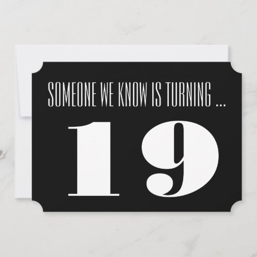 19th誕生日パーティー招待状、白黒。 招待状 (正面)