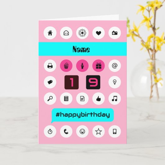 19th birthday名前の電話アイコンを頭が切れる追加する カード (黄色い花)