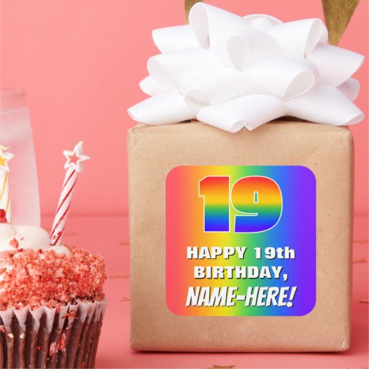19th Birthday: Colorful, Fun Rainbow Pattern # 19 スクエアシール (パーティー)