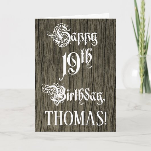 19th Birthday: Fancy, Elegant Text; Faux Wood Look カード (正面)