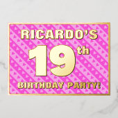 19th Birthday Party —おもしろいピンクのハートとストライプ 箔招待状 (正面)