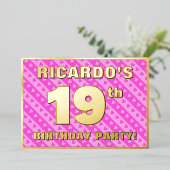 19th Birthday Party —おもしろいピンクのハートとストライプ 箔招待状 (立ち正面)