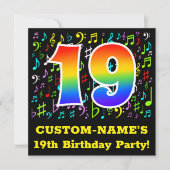 19th Birthday Party:おもしろい音楽シンボルRainbow 19 招待状 (正面)