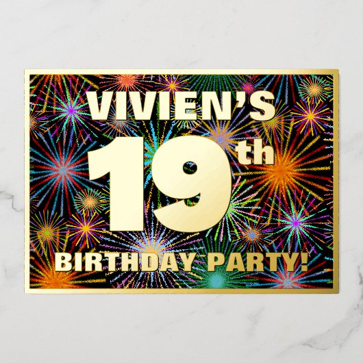 19th Birthday Party —おもしろい、カラフルFireworks Look 箔招待状 (正面)