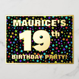 19th Birthday Party —おもしろい、スターカラフルズ・パターン 箔招待状