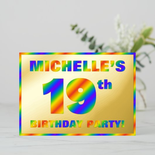 19th Birthday Party —おもしろい、レインボースペクトル「19」 箔招待状 (立ち正面)