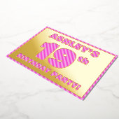 19th Birthday Party — はっきりした、おもしろい、ピンクストライプ色19 箔招待状 (回転した状態)