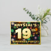 19th Birthday Party:, はっきりした Fireworks カラフル Look 箔招待状ポストカード (立ち正面)