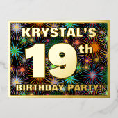19th Birthday Party:, はっきりした Fireworks カラフル Look 箔招待状ポストカード (正面)