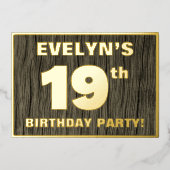 19th Birthday Party:, はっきりした Wood Grain Pattern 箔招待状 (正面)