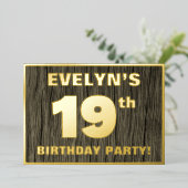 19th Birthday Party:, はっきりした Wood Grain Pattern 箔招待状 (立ち正面)