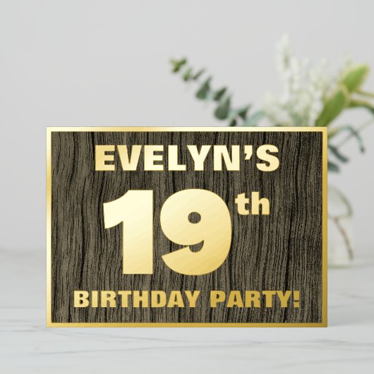 19th Birthday Party:, はっきりした Wood Grain Pattern 箔招待状 (立ち正面)