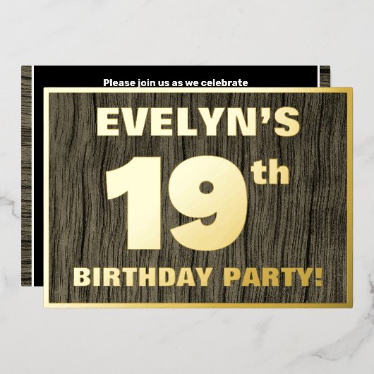 19th Birthday Party:, はっきりした Wood Grain Pattern 箔招待状 (正面/裏面)