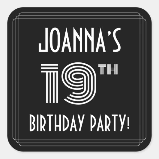 19th Birthday Party:アールデコスタイルと名前をカスタムする スクエアシール (正面)