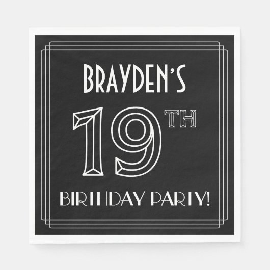 19th Birthday Party:アールデコスタイル+名前をカスタムする スタンダードランチョンナプキン (正面)