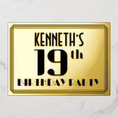 19th Birthday Party:アールデコ「19」と名前 箔招待状 (正面)