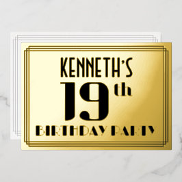 19th Birthday Party:アールデコ「19」と名前 箔招待状