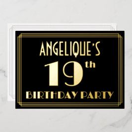 19th Birthday Party:アールデコ「19」、名前つき 箔招待状