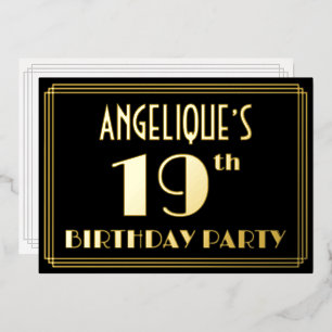 19th Birthday Party:アールデコ「19」、名前つき 箔招待状